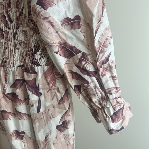 House of Harlow 1960 Linen Smocked Pink Palm Midi Dress Bishop Sleeve Medium - Picture 10 of 16